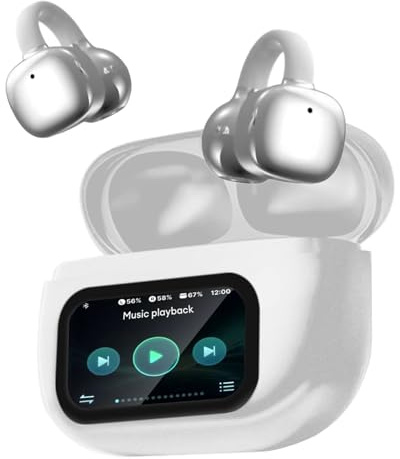 PTHTECHUS Auriculares Inalámbricos Bluetooth 5.4, Audifonos Deportivos Abiertos Clip, Traducción de Idiomas, 50H Reproducción con ENC, Pantalla Táctil Auriculares de oído Abierto (Plateado)