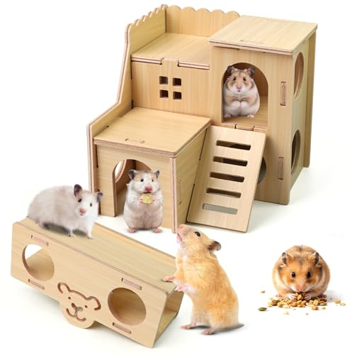 Wooden Hamster House, Hamster Hideout with Platform and Seesaw, Small Rat House, Hide Hamsters for Syrian Dwarf Hamsters & Gerbils, Cage Accessories, Burrow, Bed and Play Area