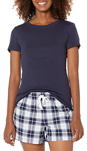 Amazon Essentials Ensemble T-Shirt et Short de Nuit en Popeline Femme, Bleu Marine Écossais, L