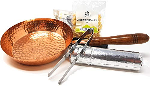 myZirbe Räucherpfanne Set 5 teilig - Kupfer Räuchergefäß zum Räuchern von Weihrauch, Harzen, inkl. Weihrauch, Räucherkohle, Räuchersand, Räucherzange