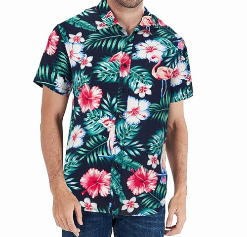 Loveternal Chemise Hawaïenne Homme Funky Button Down 3D Imprimé Flamingo Graphique Chemise Manches Courte Coton D'été Flamant Shirt L