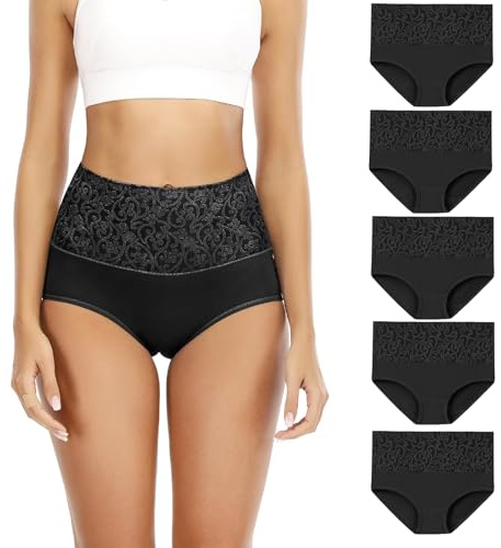 Senllori Lot de sous-vêtements Taille Haute en Coton pour Femme avec contrôle du Ventre Lot de 5, Noir Taille XL