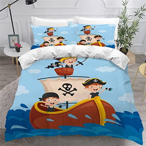 VASENA Copripiumino 140 x 200 per bambini con nave pirata Set da letto singolo in microfibra, copripiumino da spiaggia estiva 3D stampato biancheria da letto Set 3 pezzi con cerniera