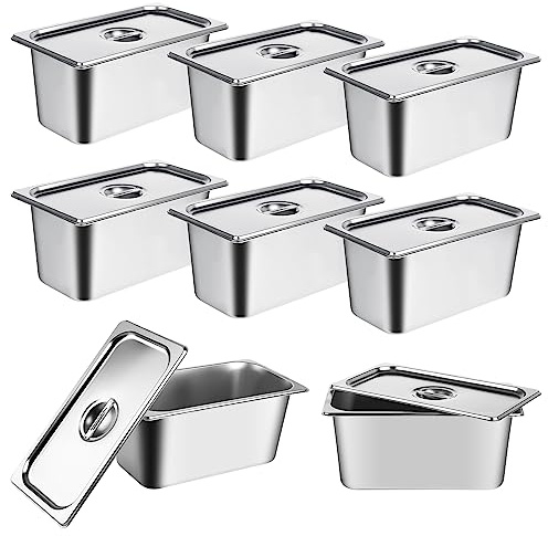 8 Pack Stainless Steel Hotel Pans 1/3 Size x 6 Deep Steam Table Pan with Lids Commercial 22 Gauge Food Storage Containers Catering Metal Steamer Pans Anti Jam Steam Table Pan Restaurant Warm Pot