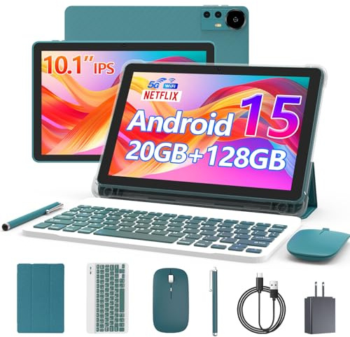 CUPEISI Android 15 Tablet 10 Inch, 20GB RAM+128GB ROM/ 2TB Expandable, 2.0GHz Quad-core Processor, 1280*800 HD Screen, 5G WiFi6 BT 5.0, 2 in 1 Tablets with Keyboard Case Mouse Stylus, Widevine L1 Blue
