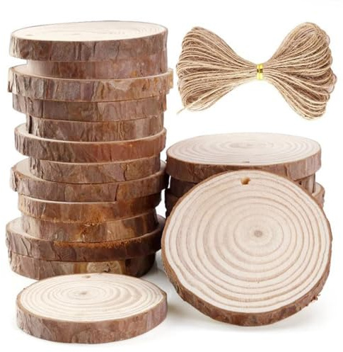20 PCS Rodajas de Madera Círculos 8-9cm, BetterJonny Discos de Madera Rebanada Natural Con 10m Cuerda Maderas Naturales Perforado Con Corteza de Árbol para Adornos de Halloween Navidad Manualidades