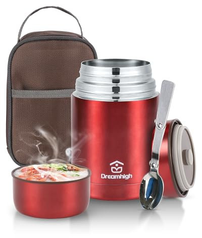 Dreamhigh® Termo para Comida 800 ml, Recipiente Térmico para Comida, Frasco Acero Inoxidable Contenedor Térmico con Bolsa Aislada e Cuchara Plegable, para Adultos Niños-Sin BPA (Rojo)