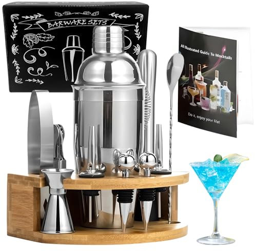 12-Piece Bartender Cocktail Shaker Set, 750 ml Stainless Steel Boston Cocktail Shaker, Perfect Cocktail Set with Wooden Stand for Home, Bar & Party Gift