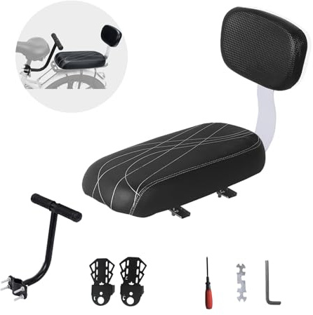 Woouagia Bicycle Rear Seat with Back,Pu Leather Soft Cushion Bicycle Passenger Seat,Rear Bike Seat Kids Including Cushion and Backrest, Armrest, Footrests (Black)