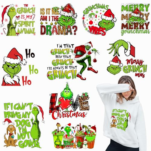 WEUOPG 10 Sheets Grinchs Christmas Iron on Transfers for T-Shirts, Hoodies, Pajamas, Sportswear, Pillows, Bags, DIY Decorations