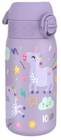 Ion8 Lightweight Steel Kids Water Bottle, 400ml/13oz, Purple Unicorns | Non-Insulated, Leak Proof, Easy to Open, Secure Lock, Dishwasher Safe, Fits Cup Holders, Carry Handle, Metal Water Bottle