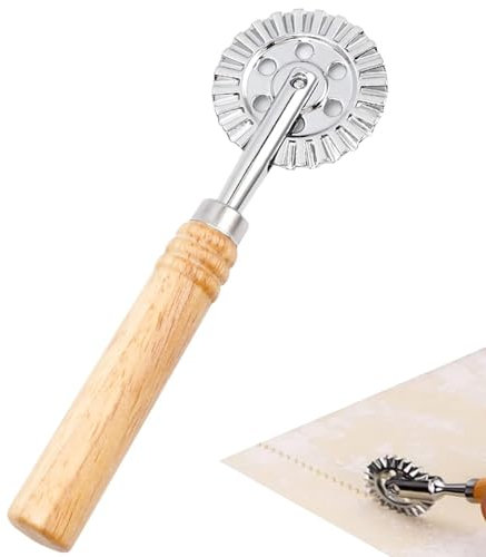 WOLMIK Nudelschneider-Rad, Zinklegierung langer Holzgriff Ravioli-Stempelmacher Presse Roll-Rollschneider Pizza-Gebäck-Werkzeuge Formen mit geriffeltem Rand Heimbefestigung Küchenhelfer-Funktionen