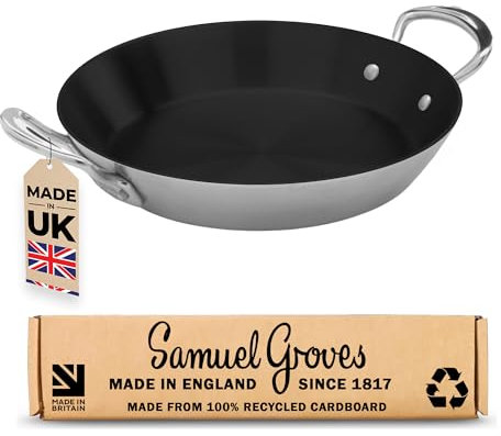Samuel Groves Stainless Steel 20cm Non Stick 3-Ply Paella Pan – Rapid Heat Distribution, Durable Design, Riveted Handles, Induction Compatible, UK Made (20cm)