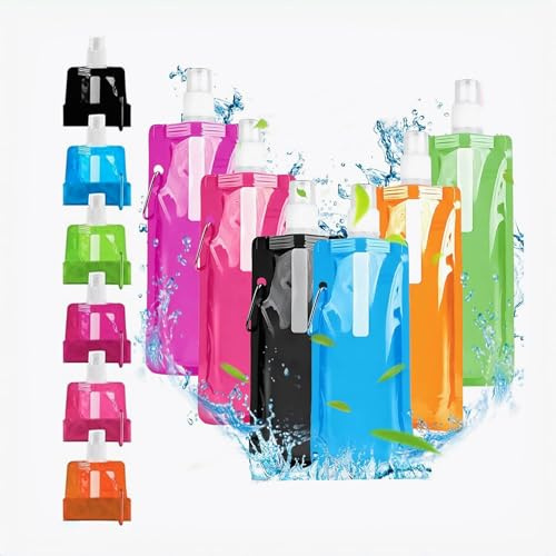 Jiahuade 6 Stück Faltbare Wasserflaschen,500ml Faltbare Trinkflasche,Trinkflaschen Faltbar,Tragbarer Zusammenklappbare Wassersack,Wiederverwendbare BPA-freie Wasserflasche,Flexible Zusammenklappbare