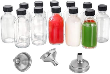 Uhngw Shotflaskor med lock, 12 x juicebehållare i glas med lock | 60 ml små genomskinliga borttagningsbehållare med 3 rostfria trattar för oljor, dryck