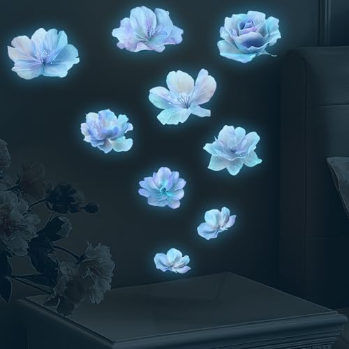 Lote de 9 pegatinas de pared con flores luminosas, pegatinas de pared con flores azules, pegatinas de flores luminosas, calcomanías de plantas y flores, murales decorativos para habitación infantil y