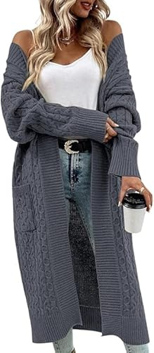 Saodimallsu Cardigan lungo in maglia spessa da donna, largo, leggero, elegante, casual, tinta unita, aperto sul davanti, con tasche, grigio, M