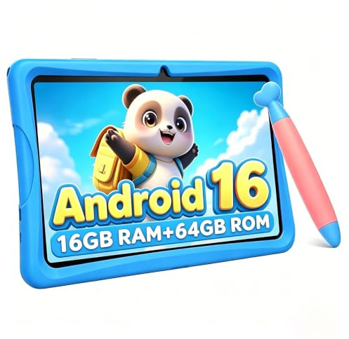 2026 Upgraded Kids Tablet 10 inch, Android 16 Tablets for Kids, Parental Control, Pre-Installed Kiddos Software & Kids Space, Includes Case & Stylus Pen, 16GB RAM 64GB ROM, 2TB Expand, HD IPS Screen
