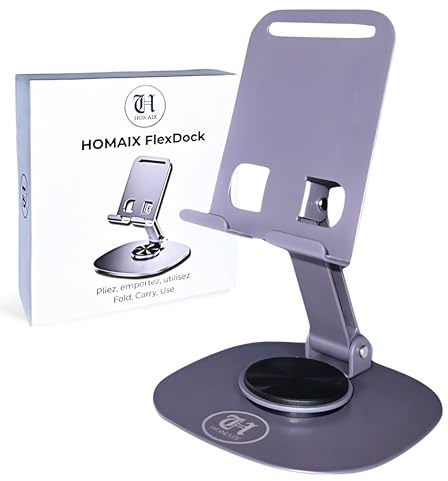 HOMAIX Support Téléphone Bureau 100% Aluminium – Support Smartphone Pliable, Réglable, Rotation 360°, Antidérapant – pour Adulte, Télétravail & Cuisine – Support Tablette, IPad & Téléphone