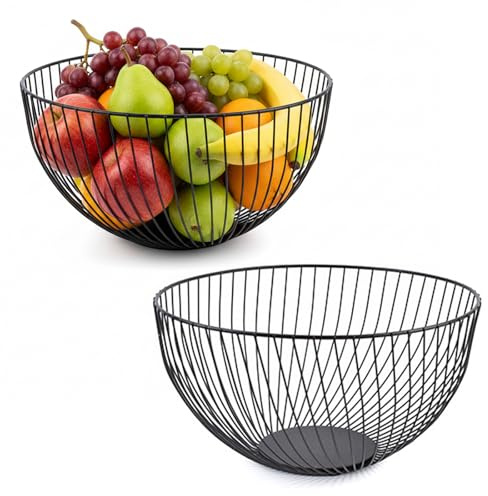 Culinavog 2 Stück Obstkorb Schwarz Metall, 25.5 X 10 cm Obstschale Schwarz, Obstschale Früchtekorb Obstschalen, Durchbrochener Aufbewahrung für Obst, Gemüse, Brot, Snacks, Küchenhelfer(Rund)