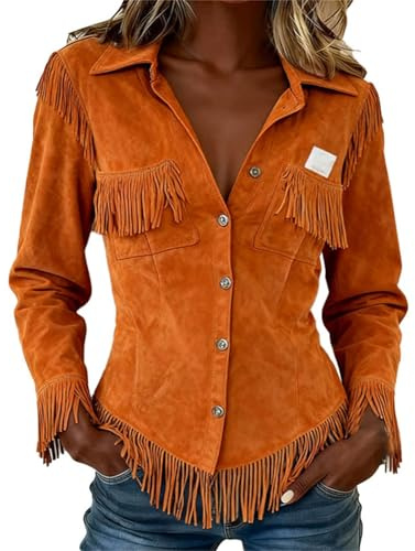 Women's Vintage Western Cowgirl Suede Shirt - Long Sleeve Button Down Slim Fit Fringe Design, Stylish Top for Retro Casual Outfits and Themed Gatherings