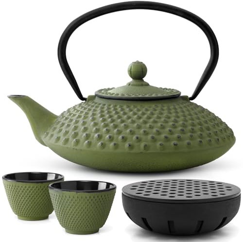 Bredemeijer Teekanne asiatisch Gusseisen Set grün 1.25 Liter Teekessel mit Henkel & Edelstahl Tee-Filter Sieb-Einsatz & Stövchen inkl. Teebecher