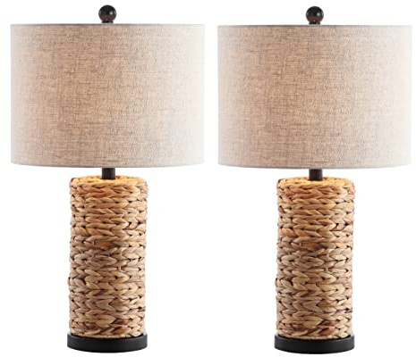 JONATHAN Y 25 Natural Coastal Water Hyacinth Table Lamp Set of 2, Bedside Lamp with Light Grey Linen Shade, Boho Farmhouse Decor for Living Room Nightstand, LED Bulbs JYL6502A-SET2