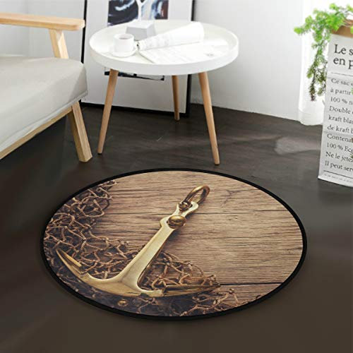 Mnsruu Klassischer Teppich mit Anker auf Holz, rund, für Wohnzimmer, Schlafzimmer, 92 cm Durchmesser