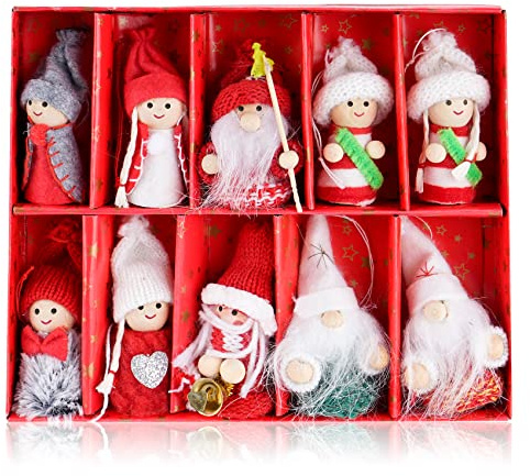 10 Duendes navideños de Madera y Punto,Colgante para árbol de Navidad en Caja de Regalo,Figura de Papá Noel,Duendes Navideños Adornos Navideños para Niños,Familia,Pascua