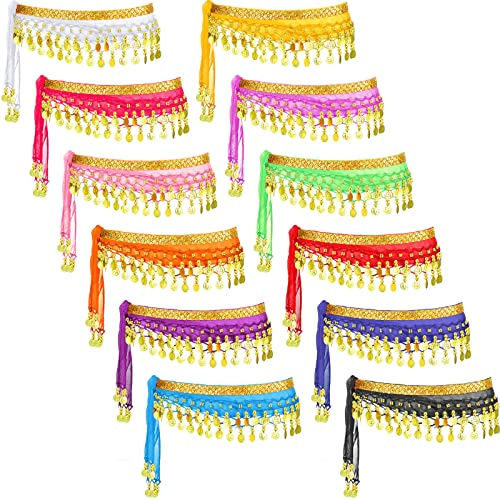 Zhanmai 12 Pcs Belly Dance Hip Scarf Belt with 98 Coins Belly Dancing Skirt Chiffon 12 Colors Dancer Hip Scarves(Gold Coins,Classic Style)