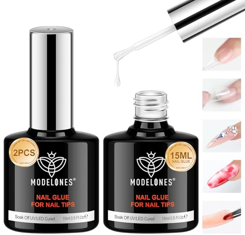 modelones 10 in One Gel Nail Glue Base Coat Brush On Nail Glue 15 ml for Tips, Rhinestones, Blooming Art Gel Kit for Press on Nails Acrylic tips U V Lamp Needed 2Pcs