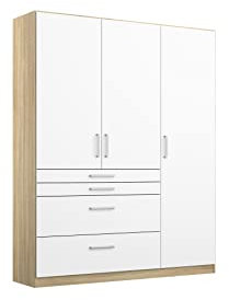 Rauch Möbel Harburg Schrank Kleiderschrank Drehtürenschrank Weiß/Eiche Sonoma, Holz, 3-türig mit 4 Schubladen inklusive Zubehörpaket Basic 3 Einlegeböden, 1 Kleiderstange BxHxT 136x197x54 cm