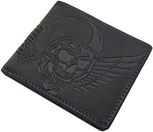 myledershop Echt Büffel-Vollleder Geldbörse/Geldbeutel/Portemonnaie/Portmonaise/Geldtasche/Portmonee in Querformat mit Totenkopf-Motiv mit RFID & NFC Schutz (Vintage-Grau)