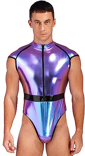 Doomiva Herren Wetlook Body Glänzende Overall Jumpsuit Kurz Ganzanzug High Cut Stringbody Halloween Karneval Faschingskostüm Bunt L