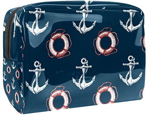 White Ship Anchor Lifebuoy Navy Cosmetic Bag for Women, Travel Toiletries Bags Large PVC Makeup Handy Pouch Organiser with Zipper