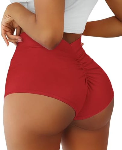 Women's Booty Shorts-High Waist V Back Yoga Shorts- Spandex Dance Hot Pants Butt Lifting Rave Bottoms, Red, L
