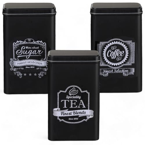 MIJOMA Förvaringsburkar set 3 delar 19 x 11 cm – metall med lock – för kaffe te socker – retrodesign Noir Bistro