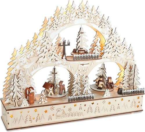 Brubaker Arco di Candele 3D - Paesaggio Invernale - Luci di Natale LED in Legno Naturale - 37 x 46 x 10 cm - Decorazione Natalizia Dipinta a Mano per Tavolo e Davanzale