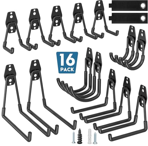 BONTEC Set da 16 supporti da parete in acciaio neri con rivestimento antiscivolo, ganci a U e a J per garage, biciclette e attrezzi, capacità 439 kg su pareti in legno/mattoni, per garage e magazzini