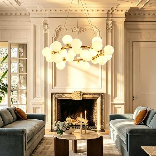 QSFirefly Acrylic Bubble Ball Chandelier,Mid Century Multi Ball Pendant Light,Sandblasted Acrylic Spherical Light Fixture,for Ding Room/Living Room/Kitchen Island (25 Light)