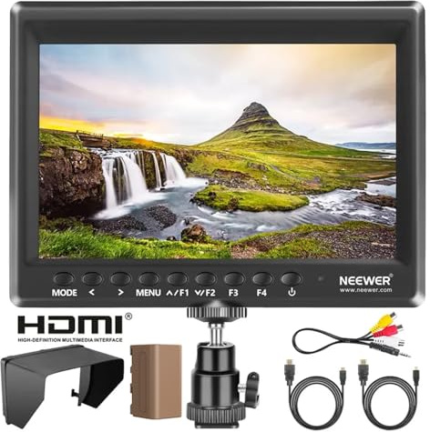 NEEWER F100 7 tums kamerafältskärm, 450 nit HD-video hjälper IPS 1280 x 800 HDMI 1080p med toppfokus/histogram/F750 batteri, 360° kulhuvud för DSLRs, handhållen stabilisator, filmvideotillverkning