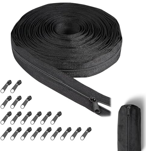 HUILLIGHT Cerniera Lampo Lunga 10 Metri Catena Continua in Nylon con 20 Terminali in Metallo, Cerniera Continua Nera Tagliabile per Cucito, Zip Resistente per Abbigliamento Borse e Progetti Fai da Te