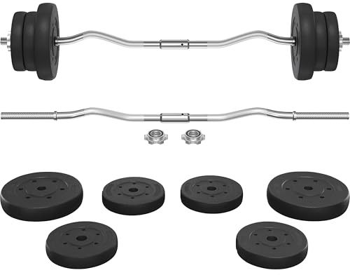 Yaheetech Barbell Weight Set - Olympic Curl Bar & 6 Olympic Weights & 2 Olympic Barbell Clamps for Lifts 55LB