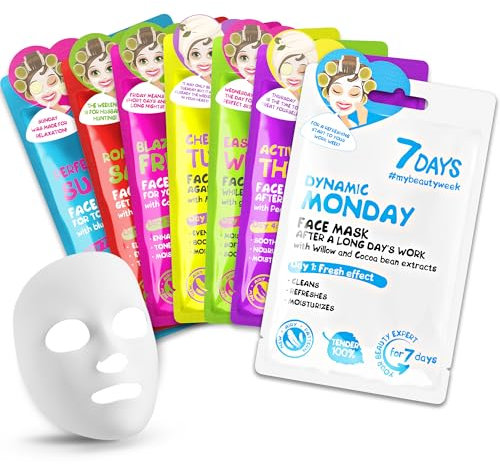 7Days Gesichtsmasken - Set aus feuchtigkeitsspendenden, aufhellenden Stoffmasken, pflegend, feuchtigkeitsspendend, Beauty-Geschenkset mit Hautmasken für Frauen, 7 Stück