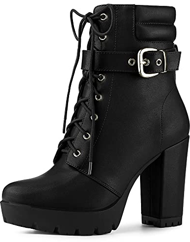 Allegra K Women's Platform Buckle Lace Up Block Heel Ankle Boot Black 7 UK/Label Size 9 US