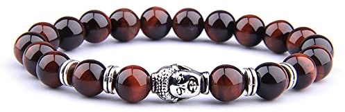 8 mm kungligt blå tigeröga armband män silverfärg Buddha-huvud berlock armband kvinnor amulett vinatge gul sten pärlor pulsera, röd tiger-2,21 cm