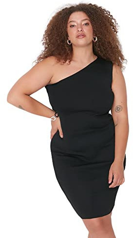 Trendyol Vestido de Punto con Cuello asimétrico para Mujer, Talla Grande, Negro, XL