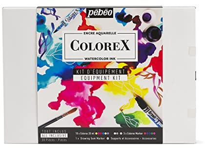 Pebeo Set med ritning och illustrationssats akvarellbläck 10 färger 20 ml, 4 Colorex-markör och 18 tillbehör, details en beskrivning, ej tillämplig