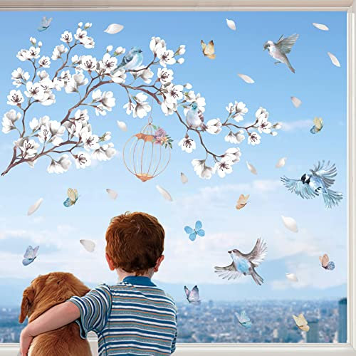 KAIRNE Vögel Wandtattoo,Weiß Blumen Fenster Aufkleber,Baum Wandtattoo für Wohnzimmer,Frühling Fenstersticker,Vögel Schmetterlinge Wandaufkleber,Pflanzen Blumen Wandsticker für Schlafzimmer Deko