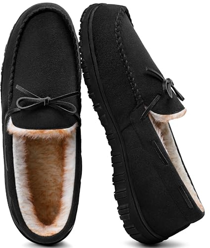 shoeslocker Men's Slippers Warm Soft Plush Memory Foam House Slippers for Men Comfortable Bedroom Moccasin Non-Slip Indoor Outdoor Black 8